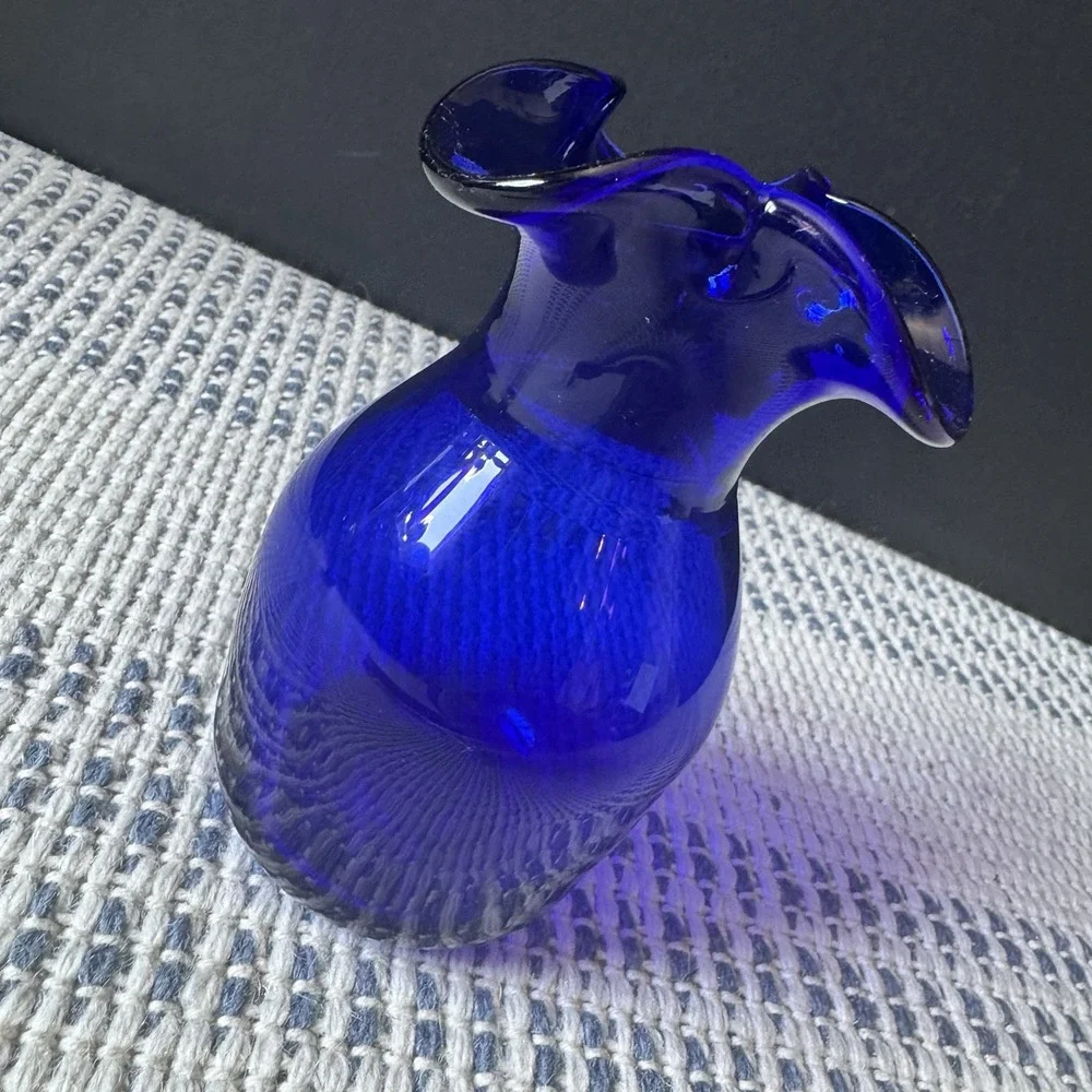 Stunning Vintage Cobalt Blue Ruffled Rim Glass Vase With Bottom Pontil Marking
